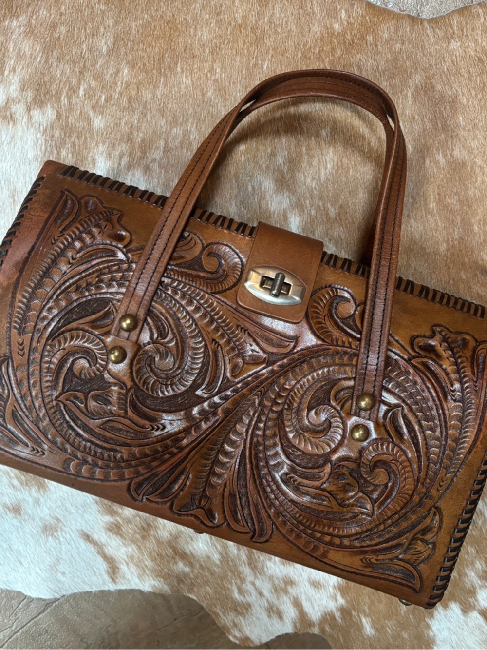 Vintage Brown Tooled Leather Shoulder barrel bag